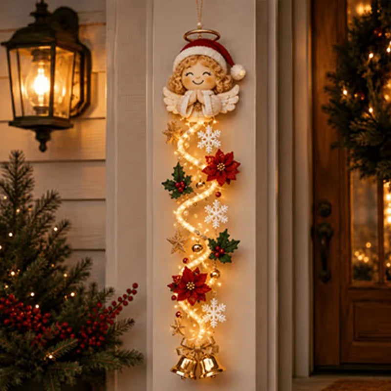 Christmas Glowing Door Hanging Decor LED Lighted Ornament With Bell Snowflake Bow Greenery Vertical Decor For Porch Entryway