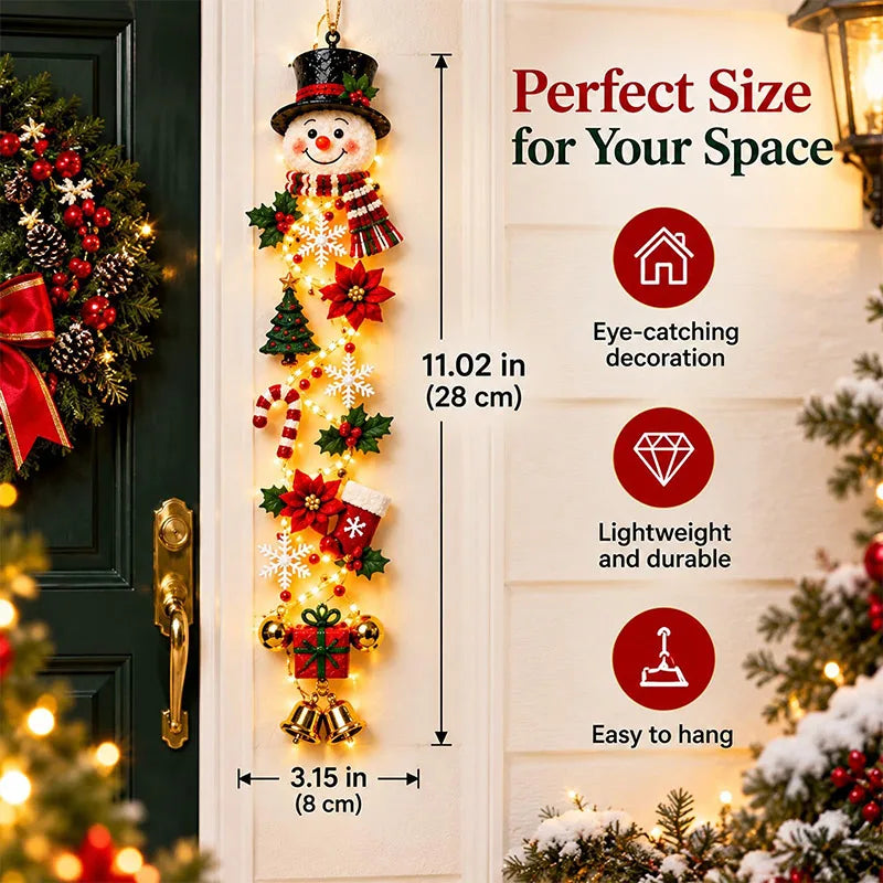 Christmas Glowing Door Hanging Decor LED Lighted Ornament With Bell Snowflake Bow Greenery Vertical Decor For Porch Entryway