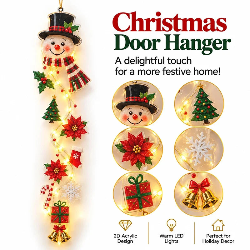 Christmas Glowing Door Hanging Decor LED Lighted Ornament With Bell Snowflake Bow Greenery Vertical Decor For Porch Entryway