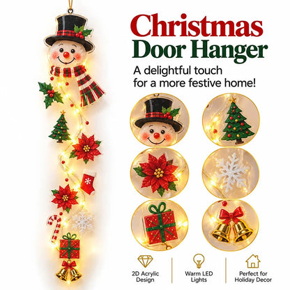 Christmas Glowing Door Hanging Decor LED Lighted Ornament With Bell Snowflake Bow Greenery Vertical Decor For Porch Entryway