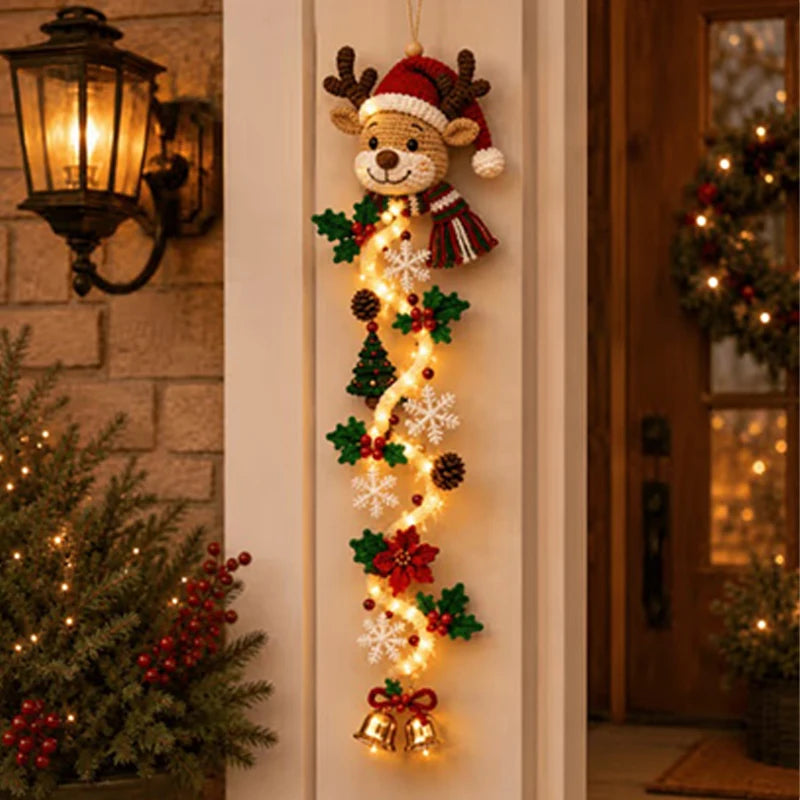 Christmas Glowing Door Hanging Decor LED Lighted Ornament With Bell Snowflake Bow Greenery Vertical Decor For Porch Entryway